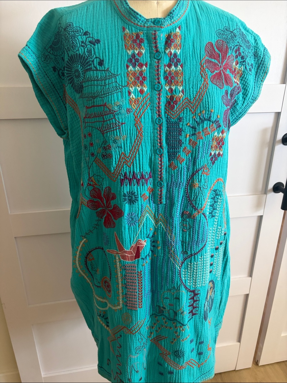 Johnny Was Teal Embroidered Shift Dress